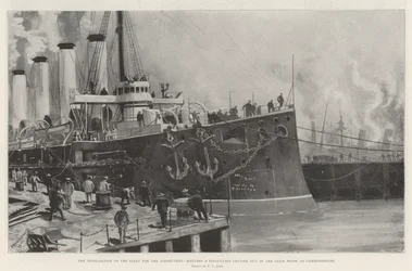 The Mobilisation of the Fleet for the Manoeuvres, hauling a First-Class Cruiser out of the Basin Prior to commissioning